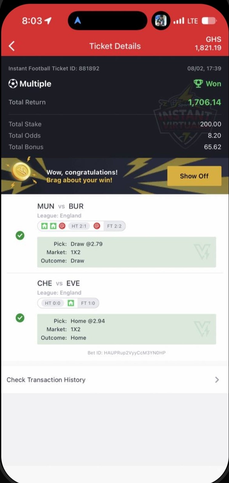 Winning Instant Football multiple ticket showing GHS 1,706.14 total return